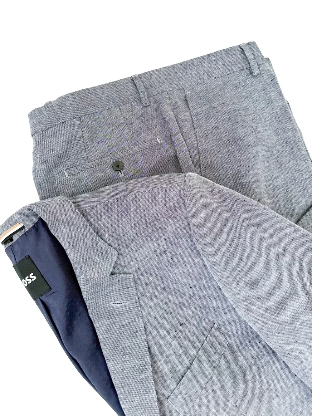 NEW Hugo BOSS Men's Light Gray Navy Blue Linen Suit Jacket and Pants 44R